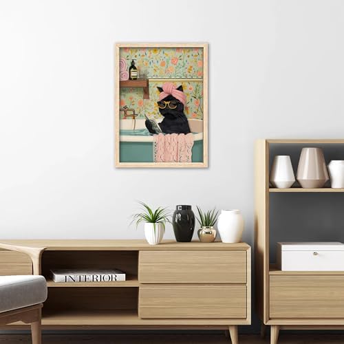 ICHZUMW Framed Funny Black Cat in Bathtub Canvas Bathroom Wall Art 12x16 In - Image 3