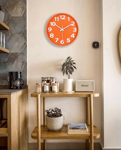45MinST 12-Inch Modern Indoor Outdoor Wall Clock, Minimalist Orange Design - Image 5