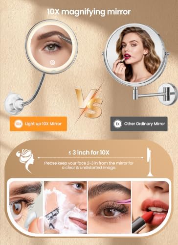 10x Makeup Mirror with Lights, Magnifying Mirror 3 Light Modes Silver - Image 3