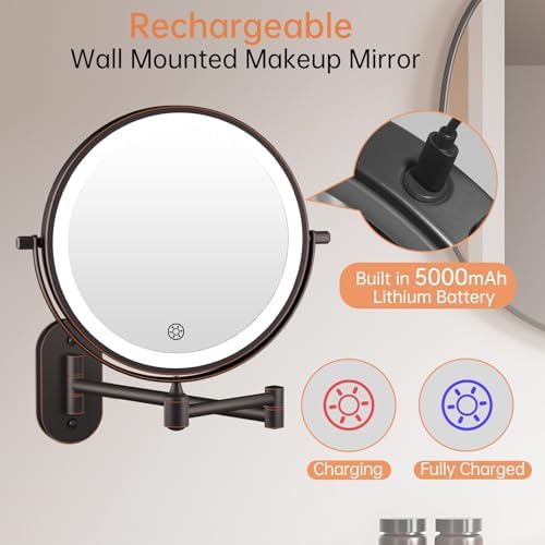 5000mAh Rechargeable Wall Mounted Lighted Makeup Mirror Double Sided 1X30X - Image 2