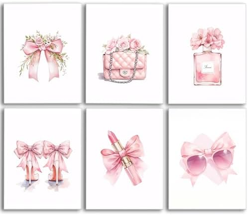 6Pcs Pink Bow Canvas Wall Art, Coquette Preppy Cute Bow Posters Prints Wall by Unknown