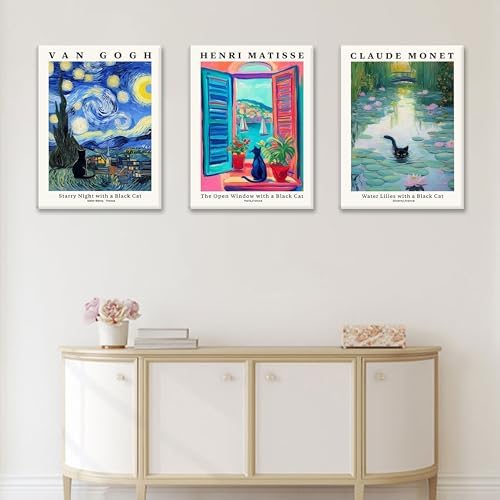 MUWAK Framed Black Cat Canvas Wall Art Set of 3 – Van Gogh Matisse Monet - Image 6