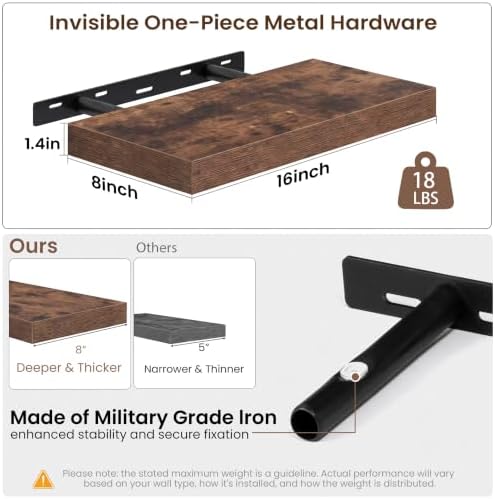 16x8in Floating Shelves 2 Pack, Wall Mount Display Shelf, Rustic Brown - Image 3
