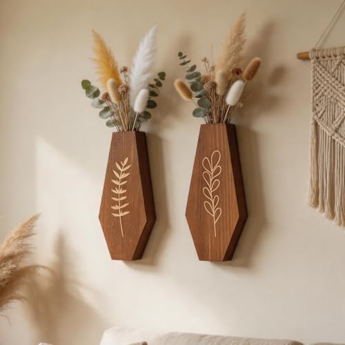 Wood Wall Planter 2 Pack, Modern Farmhouse Wall Decor Mounted Wooden Vase Set by Lmlaiudo
