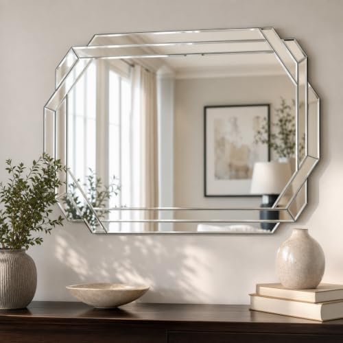 Vercraft Silver Bathroom Mirror Decorative Beveled Edge Frameless Mirror Wall - Image 2