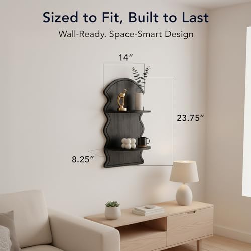 American Art Decor Black Wavy Arched Lunar Ledges Wall Shelf, Wooden 2-Tier - Image 5