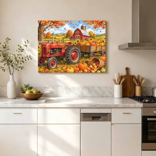 Fall Farmhouse Wall Art For Living Room Harvest Rural Orange Pumpkins Red Barn - Image 5