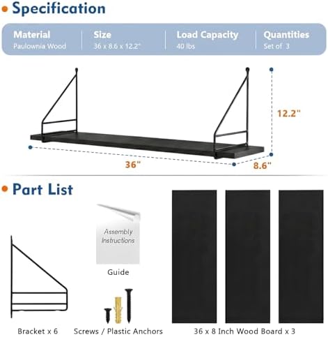 Black Wall Shelves for Bedroom, Large Long Floating Shelves 36" x 8" - Image 3
