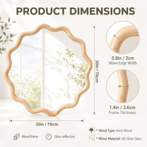 Furnaza 30" Round Wall Mirror, Wooden Boho Wavy Mirror - Image 2