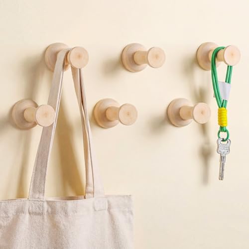 6 Pack Natural Wooden Adhesive Coat Hooks, Rustic Wall Hangers by Otoolling