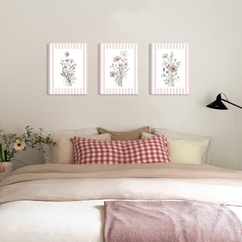 SEHSUVC Trendy Boho Pink Flowers Canvas Wrapped Wall Art Set of 3 24x16in - Image 4
