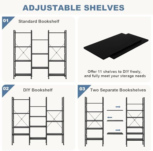 DUMOS Triple Column 4 Tier Bookshelf, Wide Industrial Bookcase - Image 4
