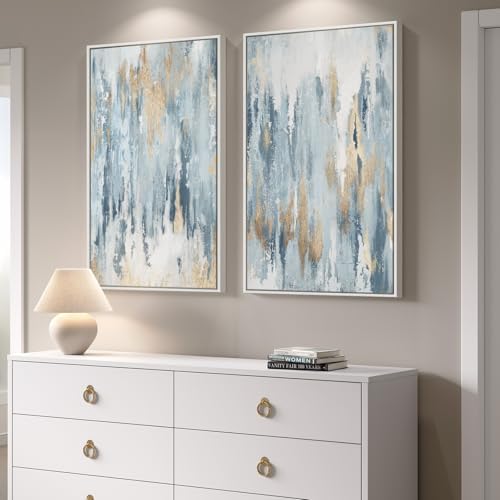 Large Framed Blue Gold Abstract Canvas Wall Art Decor Set of 2, 24x30 In - Image 2