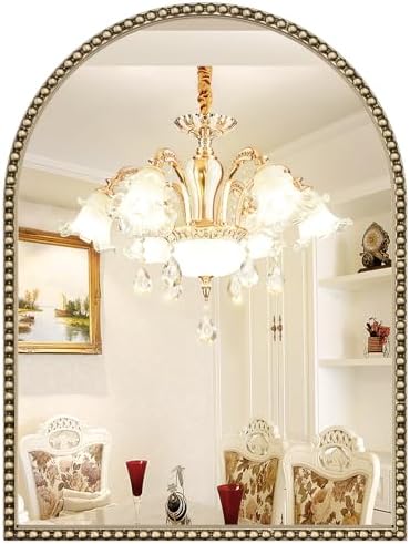 Beaded Arched Mirror for Wall, Retro Brass Metal Frame Decorative Mirror for by Brauthon