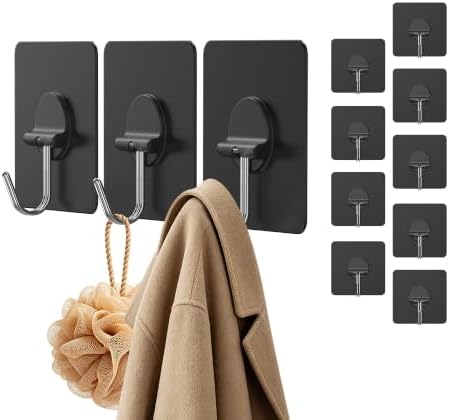 Adhesive Wall Hooks No Drill Black Heavy Duty, 13LB Sticky 12 Pack by JINSHUNFA