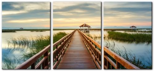 Pacimo Wooden Bridge Wall Art Posters Lotus Lake on Sunset Pictures National by Pacimo