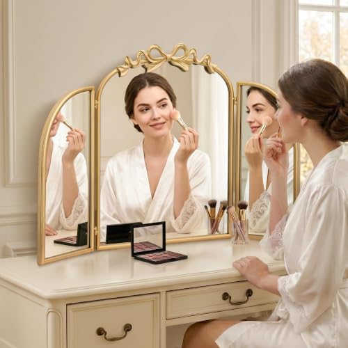 Besdomus Bow 3 Way Vanity Mirror: 36"x24" Gold Large Vintage Trifold Mirror - Image 5