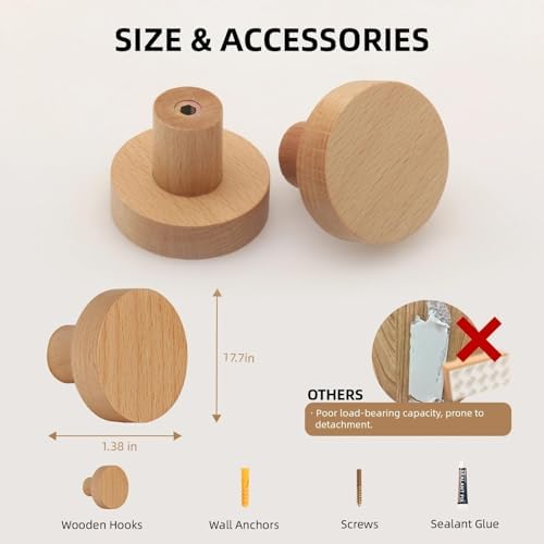 4 Pack Wood Wall Hooks Round Wooden Coat Hooks Adhesive Hooks Heavy Duty - Image 6