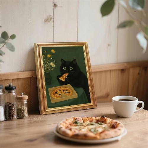ICHZUMW Gold Framed Funny Black Cat Eating Pizza Canvas Wall Art, 16x24 In - Image 5