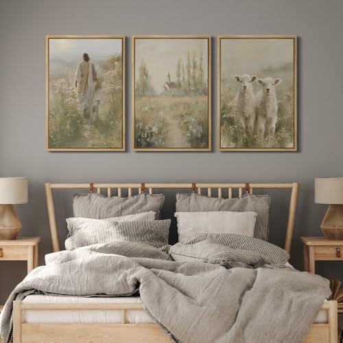 MUDECOR Framed Canvas Print Wall Art Set Jesus and Lambs - Image 5