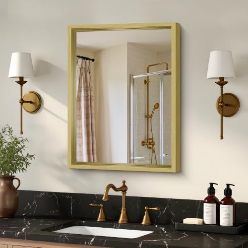 Bathroom Mirror, 18 x 24 inch Natural Wood Grain Colored Aluminum Metal Frame by WelcometoCIVENO