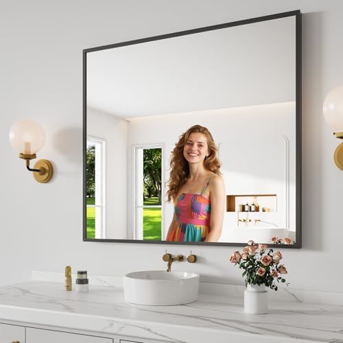 Bathroom Mirror 36"x40" Matte Black Rectangle Bathroom Wall Mirror by KOONMI