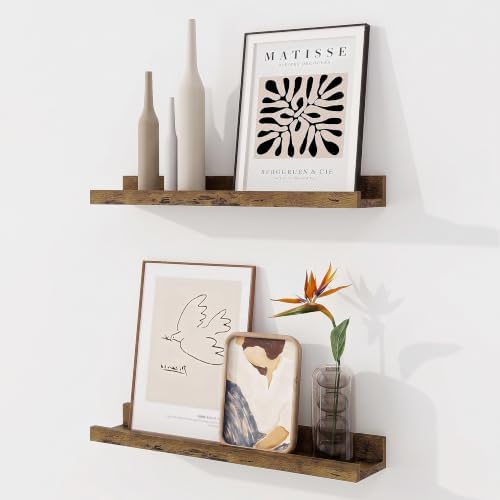 Picture Ledge Shelf, 20 inch Floating Wood Shelves Set of 2, Rustic Brown by RICHFOCUS