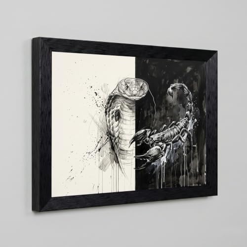 Framed Canvas Wall Art Mixed Media King Cobra Scorpion Monochrome Splatter - Image 5