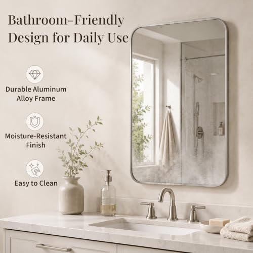 24x36 Inch Brushed Nickel Rounded Rectangle Bathroom Vanity Mirror - Image 6