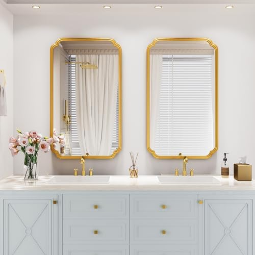 Ferytange 26"x40" Rustproof Bathroom Mirror Gold, Round Corner Metal Frame Wall - Image 2