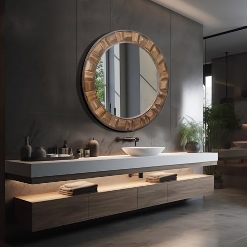 30 Inch Dark Brown Solid Wood Round Wall Mirror - Image 6
