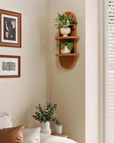 Bamworld Boho Wall Decor Plant Wall Shelf Wood Plant Holder 2 Tier Brown - Image 4