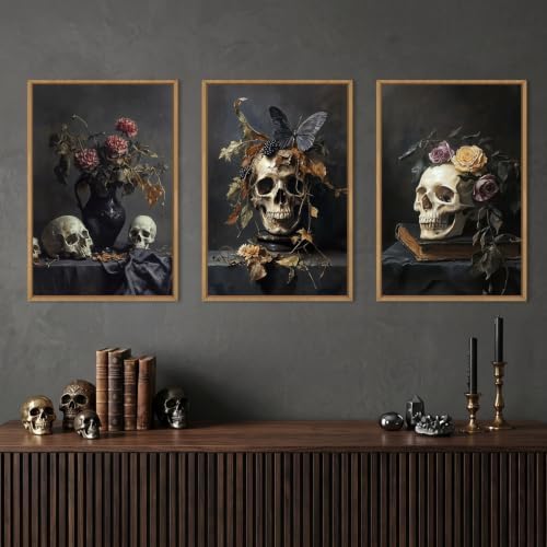 Large Vintage Skull Halloween Floral Framed Canvas Wall Art Set, Abstract - Image 2