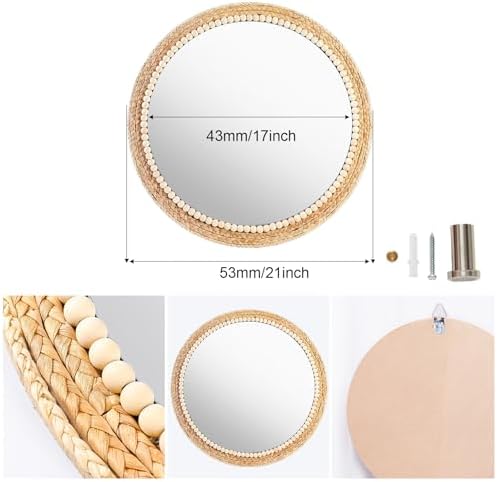 21 Inch Boho Round Hanging Wall Mirror Decorative Rattan Circle Wall Mounted - Image 4