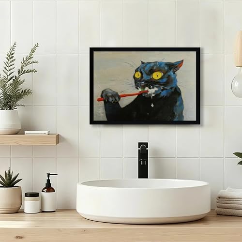 ICHZUMW Framed Funny Black Cat Bathroom Decor Canvas Wall Art, 16x24 Inches - Image 2