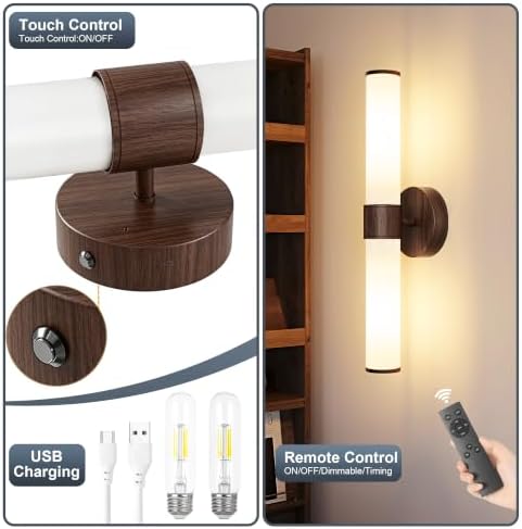 8000mAh Walnut Battery Operated Wall Sconces Set of 2, Dimmable Rechargeable - Image 2