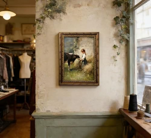 Vintage Gold Framed Farmhouse Canvas Wall Art, Retro Rustic Girl Feeding Cow - Image 4