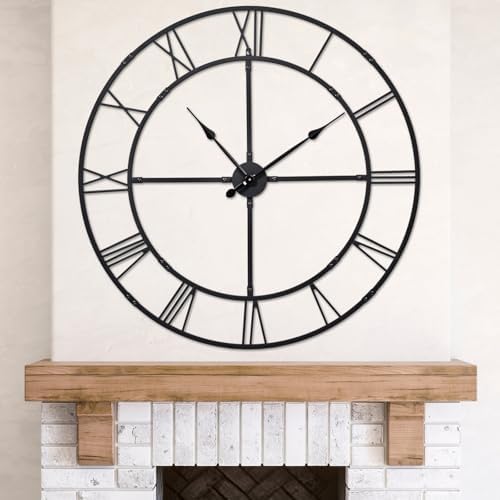 32 Inch Large Silent Wall Clock, Easy Assembly Roman Numeral Black by WallClockDecor