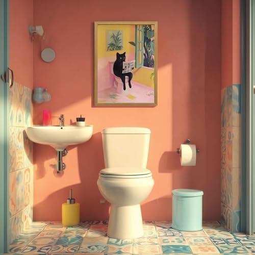 Cyebmo Funny Bathroom Wall Art, Cute Black Cat Sitting on Toilet Reading - Image 4