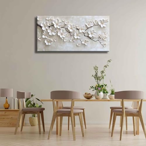 Large White Flower Canvas Wall Art Texture Plant Floral painting Decor Pictures - Image 6