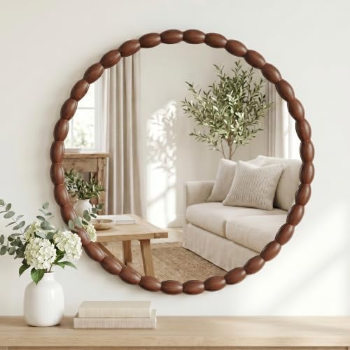 30"x30" Round Solid Wood Farmhouse Decorative Wall Mirror by Unknown