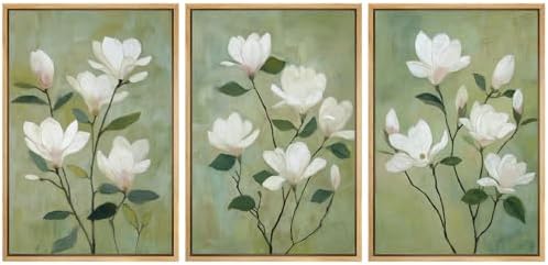 MUDECOR Framed Canvas Print Wall Art White Magnolia Floral Soft Green Botanical by MUDECOR