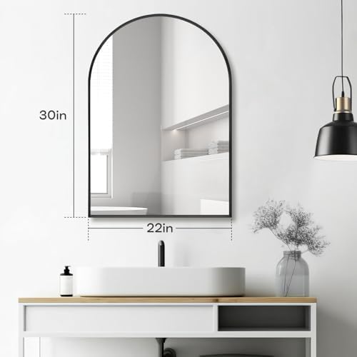 Black Arched Mirror 22x30in, Metal Framed Bathroom Vanity Wall - Image 2