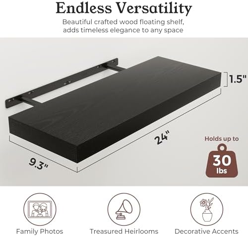 24" Black Floating Shelves Wood Wall Shelf - Image 2