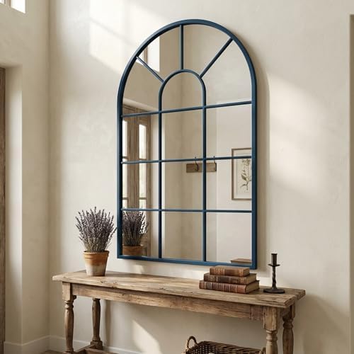 Blue Framed 48x28Inch Arched Window Pane Mirror| Arched Mirrors by SalkalaDecor