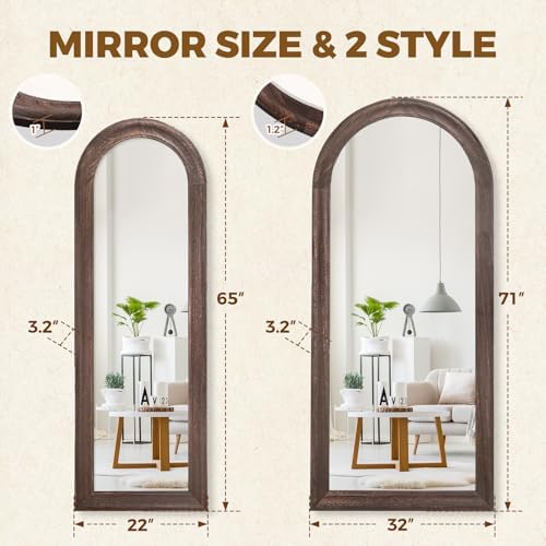 65x22 Solid Wood Arched Full Length Mirror, Elegant Brown Finish - Image 3