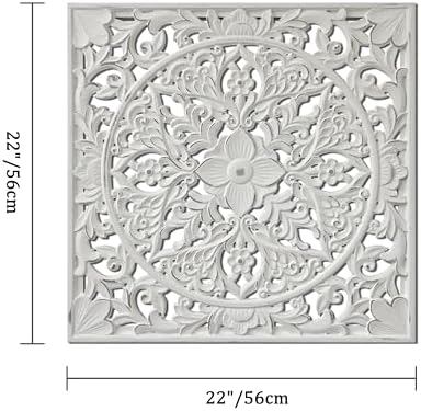 XIAOAIKA Boho Carved Wood Wall Art Panel, Floral Mandala, Distressed White - Image 3
