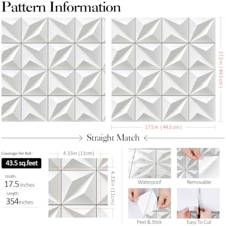 FunStick 17.5x354 White 3D Peel and Stick Wallpaper Modern Faux Square Tiles - Image 7
