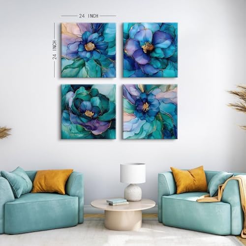 Abstract Wall Art Teal Blue and Gold Pictures Wall Decor Turquoise Floral - Image 3