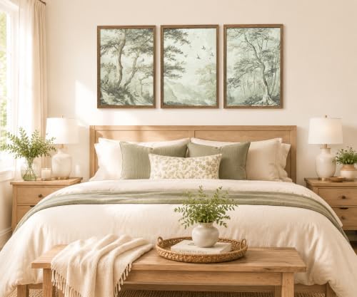 Botanical Forest Wall Art Set of 3 Framed, Vintage Neutral Canvas Prints - Image 3